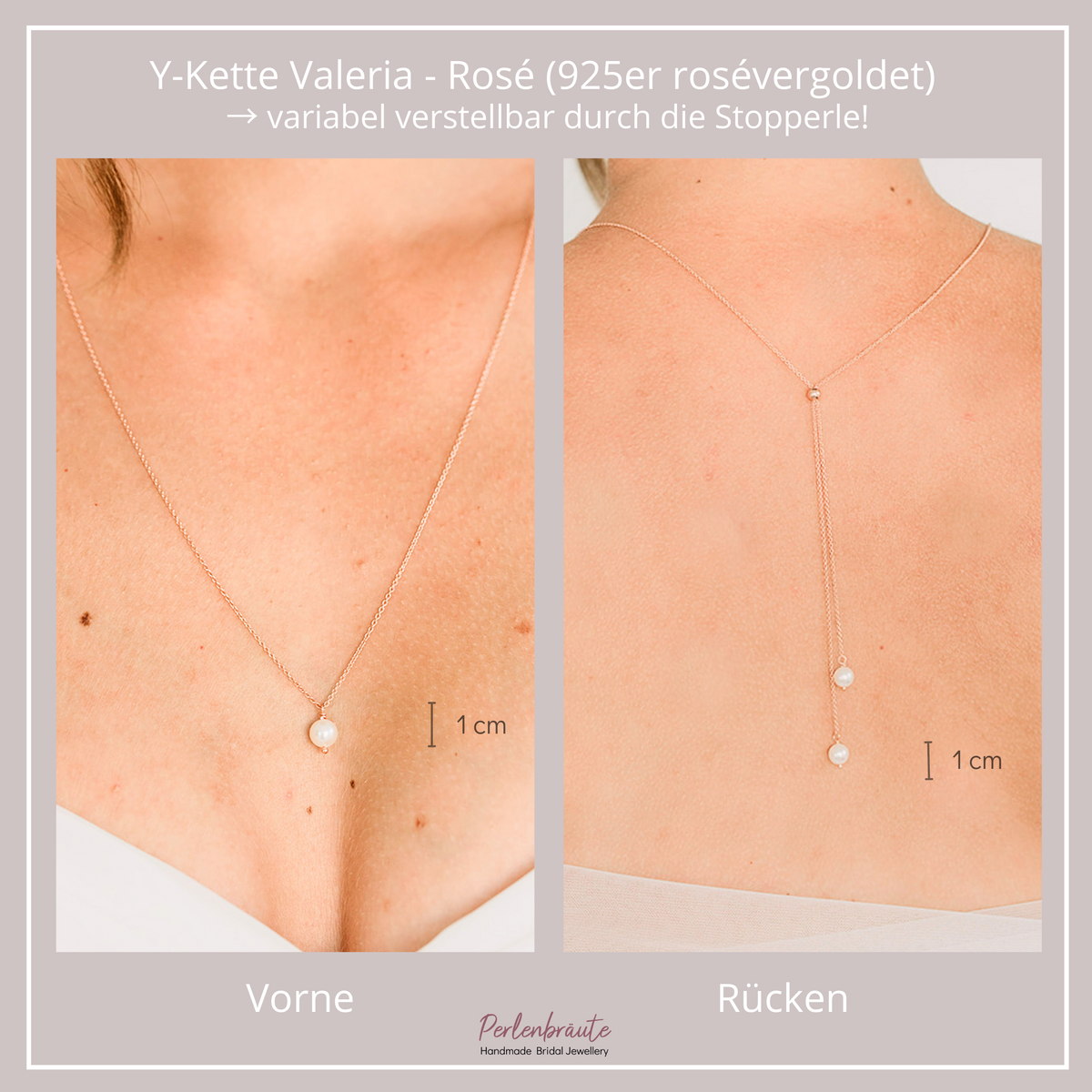 Romantische Braut Rückenkette Valeria aus 925 Sterlingsilber 18K rosévergoldet mit veganen Perlen, Produktfreisteller
