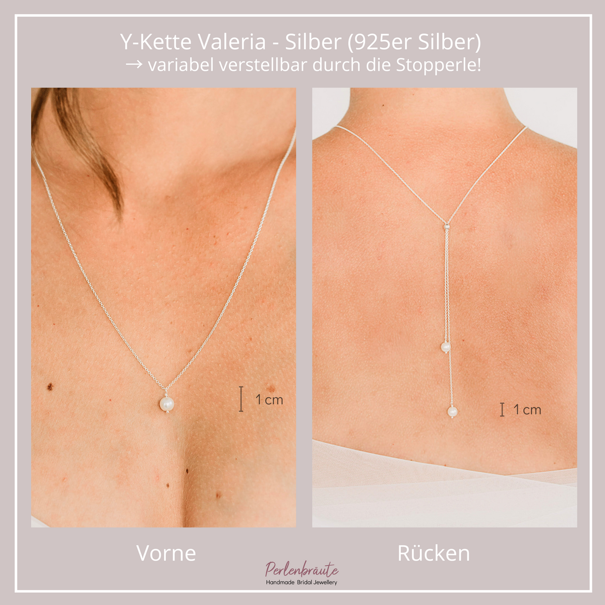 Dezente Braut Perlenkette Valeria aus 925 Sterlingsilber – Y-Kette mit Rückenkette, zeitloser Hochzeitsschmuck